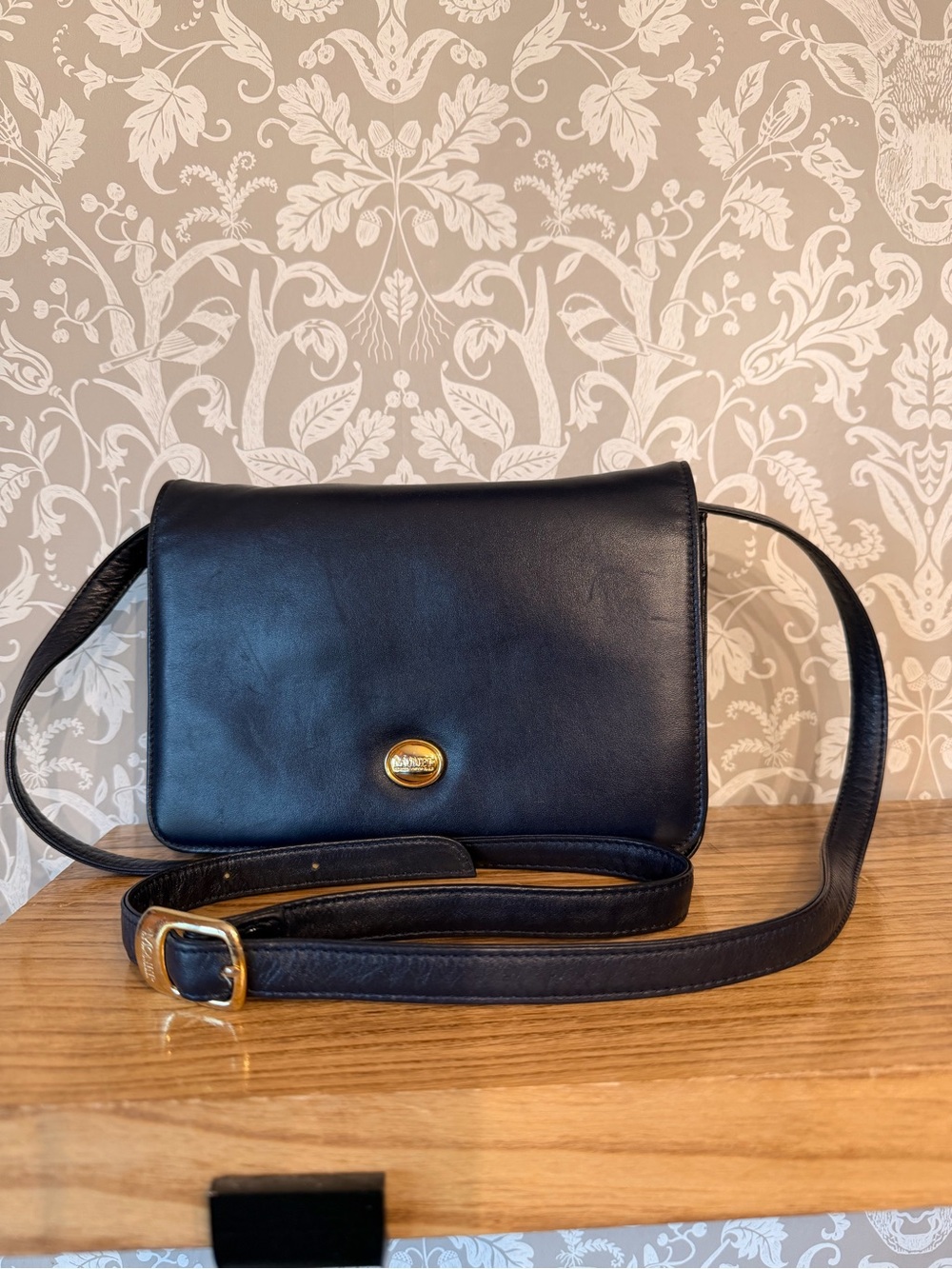 Monet Vintage Navy Leather Shoulder Crossbody Clean Washable Interior Gold HDW